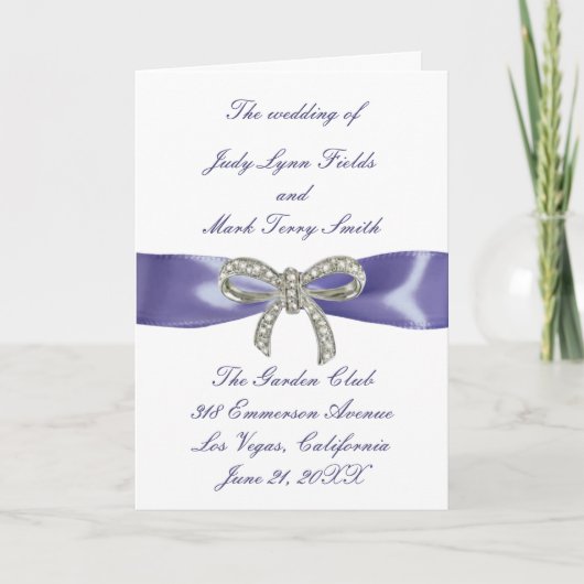Kaart van het Paarse Blue Diamond Bow Wedding Prog (Voorkant)