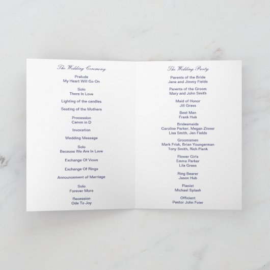 Kaart van het Paarse Blue Diamond Bow Wedding Prog (Binnen)