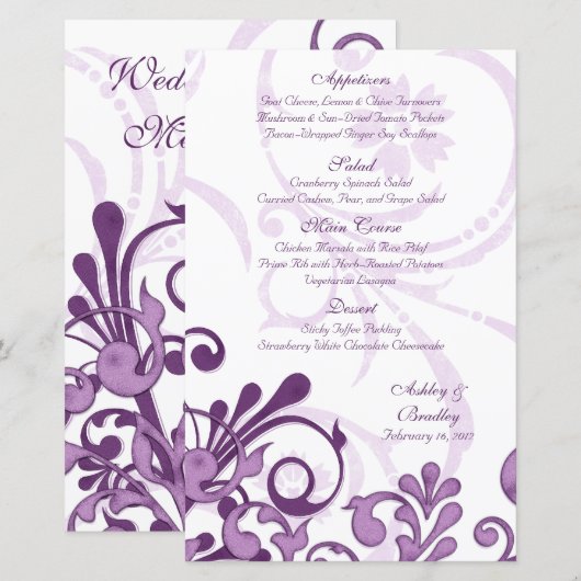 Kaart van het Paarse en Witte Floral Wedding Menu (Voorkant / Achterkant)