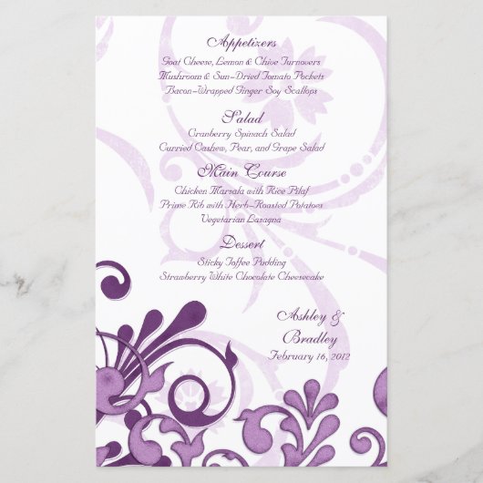 Kaart van het Paarse en Witte Floral Wedding Menu (Voorkant)