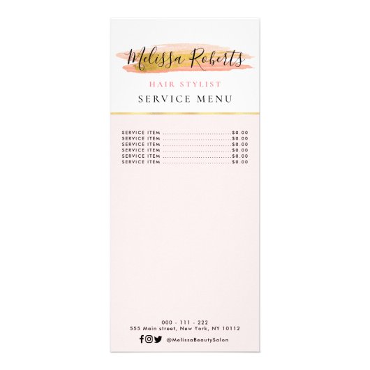 Kaart van het rendy goud en roze Dienstmenu (Voorkant)