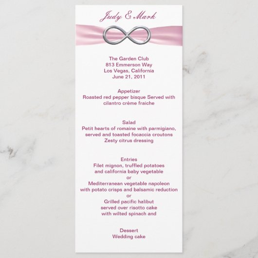 Kaart van het Roze Infinity Wedding Menu (Voorkant)