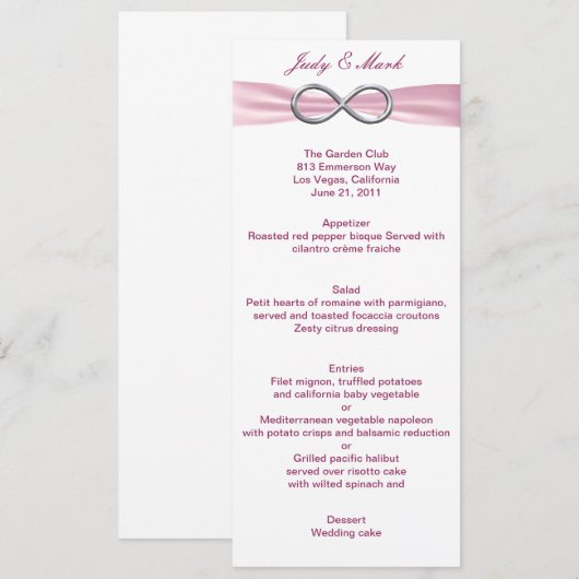 Kaart van het Roze Infinity Wedding Menu (Voorkant / Achterkant)