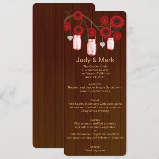 Kaart van het Rustic Red Mason Jars Wedding Menu (Voorkant / Achterkant)