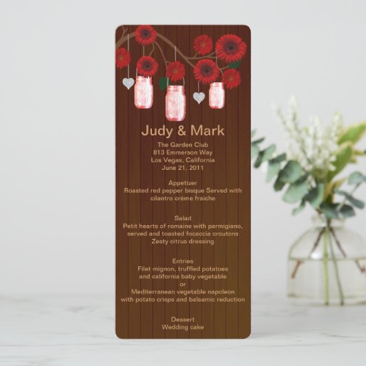 Kaart van het Rustic Red Mason Jars Wedding Menu (Staand voorkant)