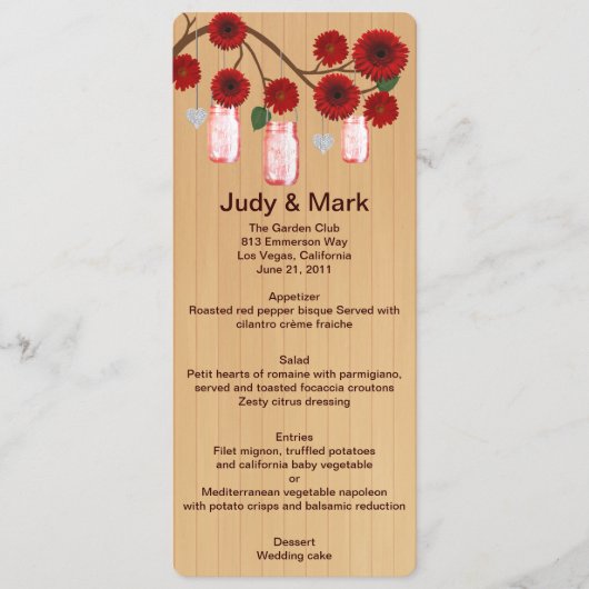 Kaart van het Rustic Red Mason Jars Wedding Menu (Voorkant)