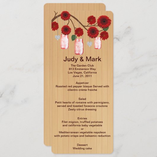 Kaart van het Rustic Red Mason Jars Wedding Menu (Voorkant / Achterkant)