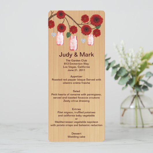 Kaart van het Rustic Red Mason Jars Wedding Menu (Staand voorkant)