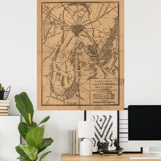  kaart van het slagveld Gettysburg (1863) 4 Poster (Thuiskantoor)