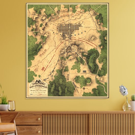  kaart van het slagveld Gettysburg (1863) Canvas Afdruk (Insitu (Woonkamer))