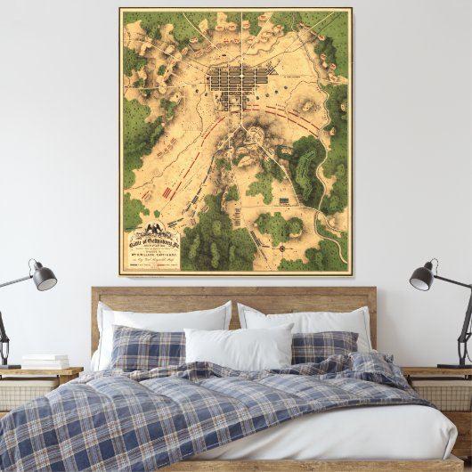 kaart van het slagveld Gettysburg (1863) Canvas Afdruk (Insitu (Slaapkamer))