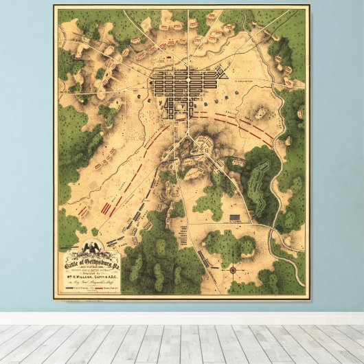 kaart van het slagveld Gettysburg (1863) Canvas Afdruk (Insitu (Houten vloer))