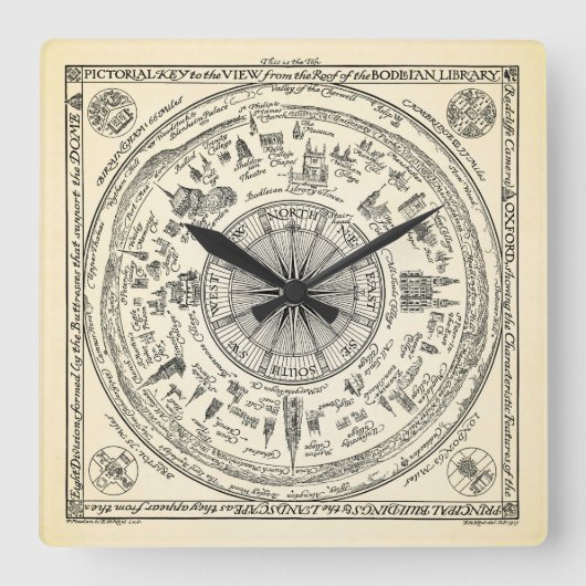 Kaart van het uitzicht van Oxford uit de bibliothe Vierkante Klok (Voorkant)