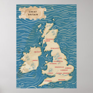 Kaart van het Verenigd Koninkrijk Vintage Poster