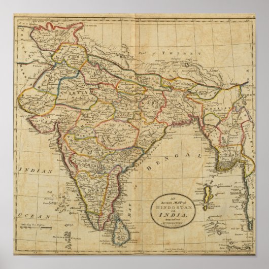 Kaart van Hindostan of India Poster (Voorkant)