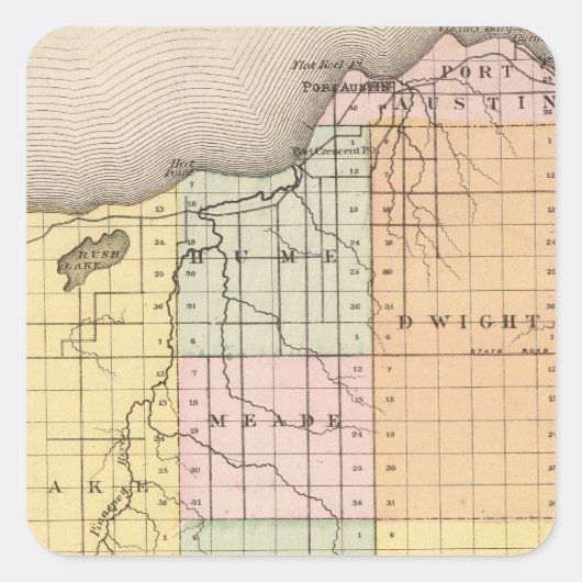 Kaart van Huron County, Michigan Vierkante Sticker (Voorkant)