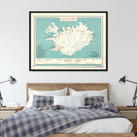 Kaart van IJsland (circa 1959) Canvas Afdruk (Insitu (Slaapkamer))