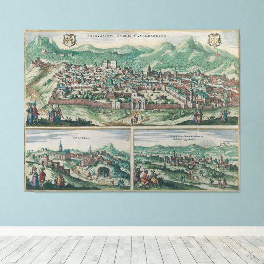  kaart van Jeruzalem, Nazareth en Rame Israel Canvas Afdruk (Insitu (Houten vloer))