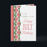 Kaart van juli, schoondochter, watergelieerd<br><div class="desc">Een  roze en blauwe Kaart van juli voor een schoondochter met een grens aan waterlelies,  van een handbeschilderd papieren collage door Judy Adamson. Een deel van het collectie van Posh & Painterly 'Lily Pond'.</div>