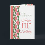 Kaart van juli, schoondochter, watergelieerd<br><div class="desc">Een  roze en blauwe Kaart van juli voor een schoondochter met een grens aan waterlelies,  van een handbeschilderd papieren collage door Judy Adamson. Een deel van het collectie van Posh & Painterly 'Lily Pond'.</div>