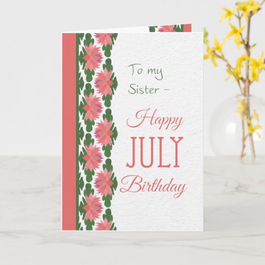 Kaart van juli voor zuster, waterlilies (Gele Bloem)