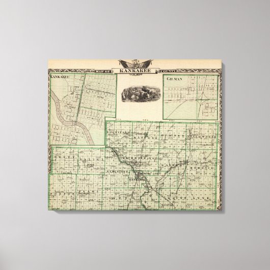 Kaart van Kankakee County, Kankakee en Gilman Canvas Afdruk (Voorkant)