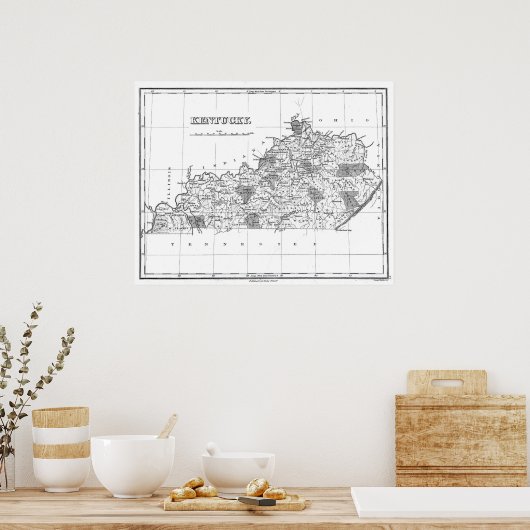  kaart van Kentucky (1827) BW Poster (Keuken)