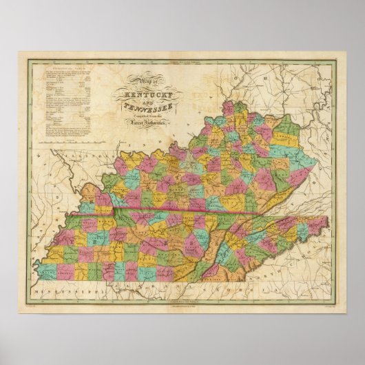 Kaart van Kentucky en Tennessee Poster (Voorkant)