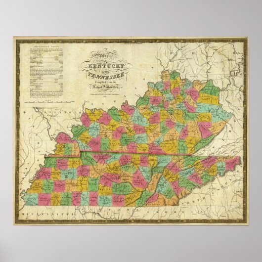 Kaart van Kentucky en Tennessee Poster (Voorkant)