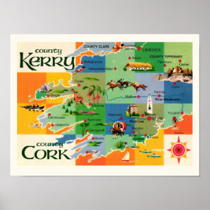 Kaart van Kerry & Cork in Ierland Poster