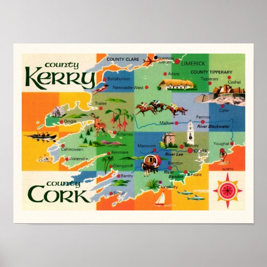 Kaart van Kerry & Cork in Ierland Poster (Voorkant)