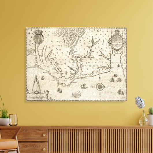  kaart van kustgebied North Carolina (1590) Canvas Afdruk (Insitu (Woonkamer))