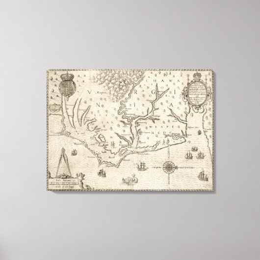  kaart van kustgebied North Carolina (1590) Canvas Afdruk (Voorkant)