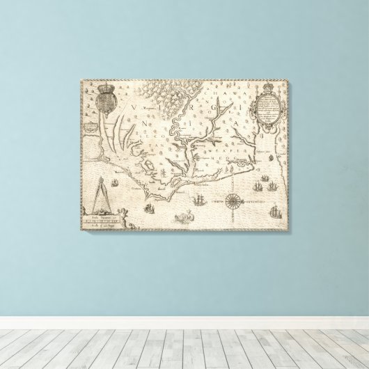  kaart van kustgebied North Carolina (1590) Canvas Afdruk (Insitu (Houten vloer))