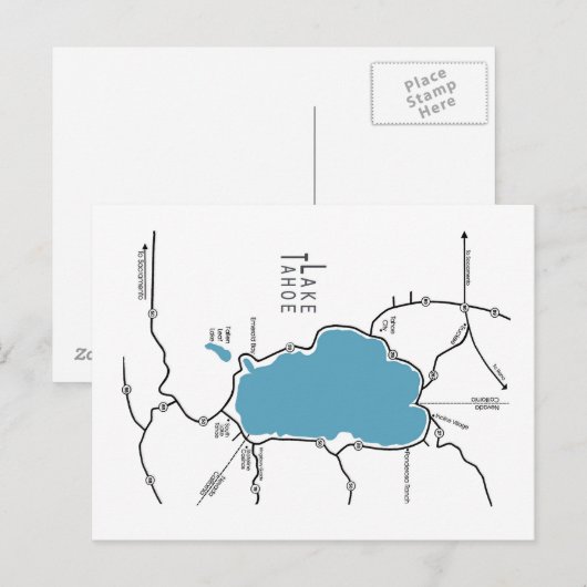 Kaart van Lake Tahoe Briefkaart (Voorkant / Achterkant)