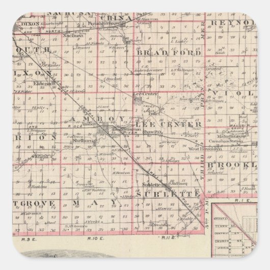 Kaart van Lee County en Amboy Vierkante Sticker (Voorkant)