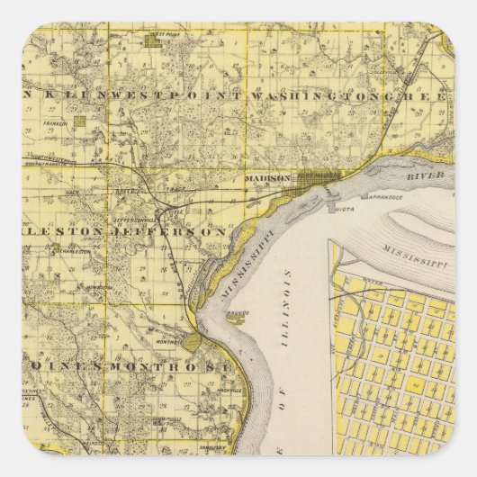 Kaart van Lee County en Montrose, staat Iowa Vierkante Sticker (Voorkant)