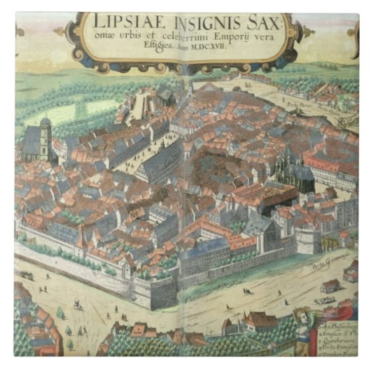 Kaart van Leipzig uit "Civitates Orbis Terrarum" d Tegeltje (Voorkant)