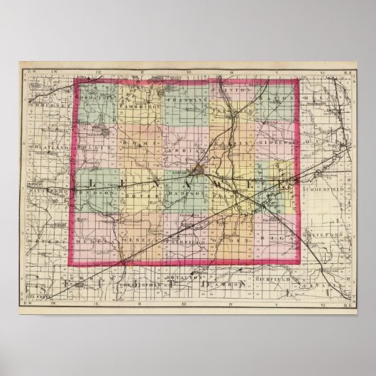 Kaart van Lenawee County, Michigan Poster (Voorkant)