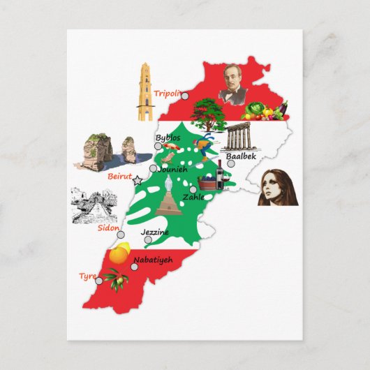 Kaart van Libanon, belangrijke steden namen Libane (Voorkant)