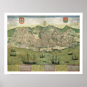 Kaart van Lissabon, van "Civitates Orbis Terrarum" Poster