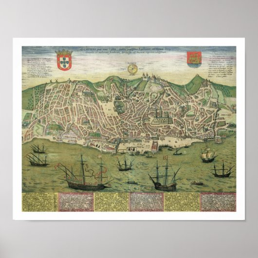 Kaart van Lissabon, van "Civitates Orbis Terrarum" Poster (Voorkant)