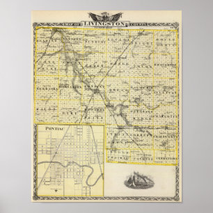 Kaart van Livingston County en Pontiac Poster