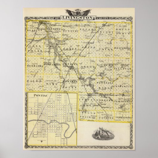 Kaart van Livingston County en Pontiac Poster (Voorkant)