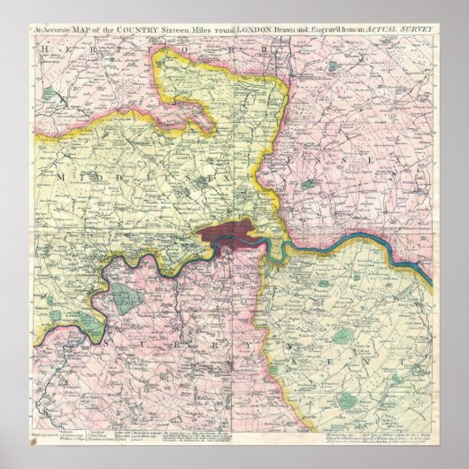  kaart van Londen en Surround Area, 1764 Poster (Voorkant)