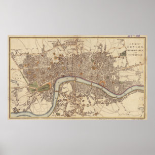  kaart van Londen Engeland (1807) Poster