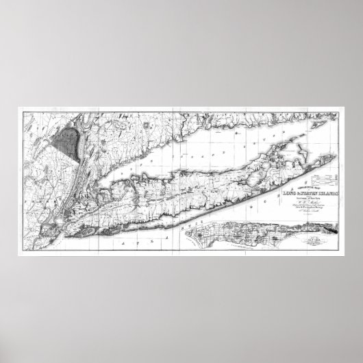  kaart van Long Island New York (1842) BW Poster (Voorkant)