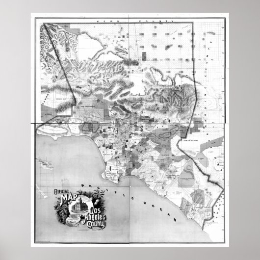  kaart van Los Angeles County CA (1888) BW Poster (Voorkant)