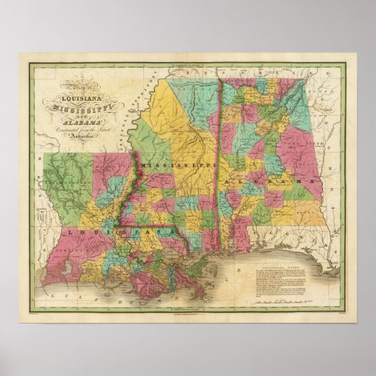 Kaart van Louisiana Mississippi en Alabama Poster (Voorkant)