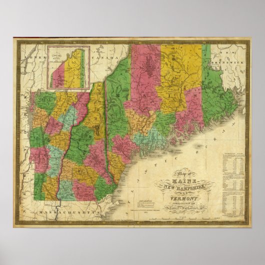 Kaart van Maine, New Hampshire en Vermont Poster (Voorkant)